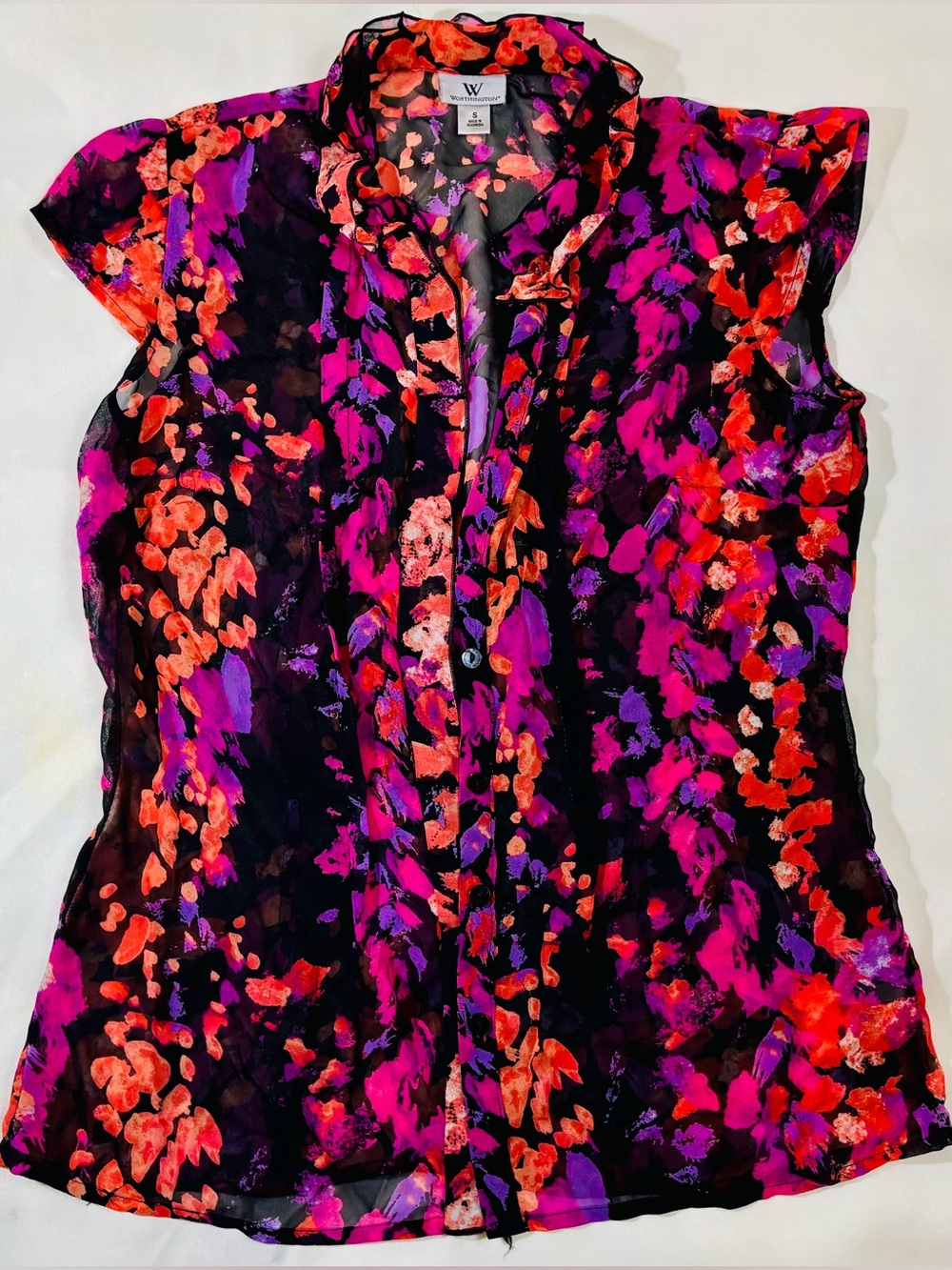 ⁠Worthington Size S Magenta Purple Orange Floral Sheer Ruffle V-Neck Blouse⁠